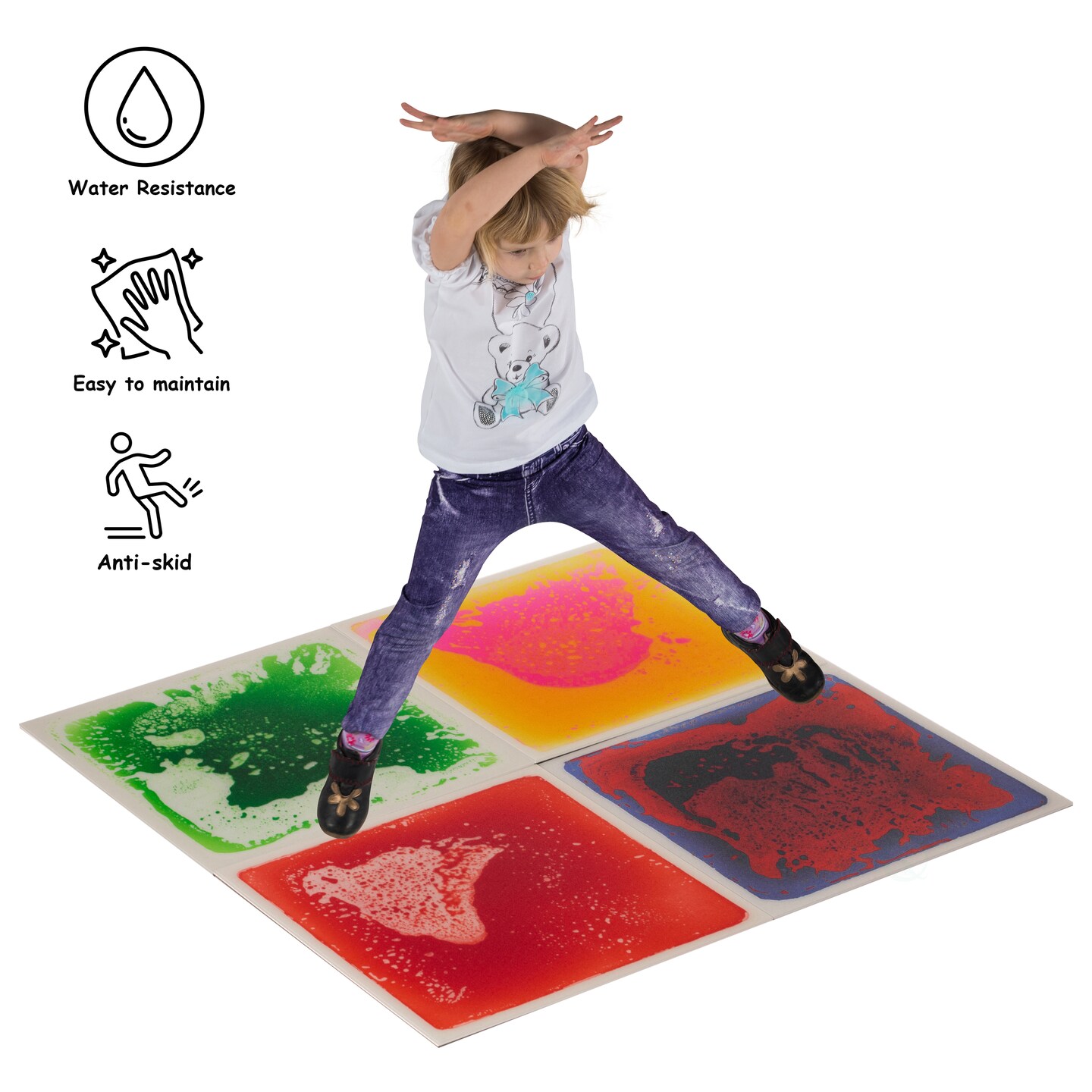 Sensory Liquid Gel Floor Square Tiles, 19.5 x 19.5 Inch Red Orange White Green Pink Purple Yellow Blue Kids Floor Mat, 4 Pack