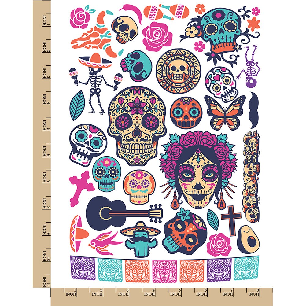 Dia de los Muertos Day of the Dead Sugar Skulls Temporary Tattoo Water Resistant Fake Body Art Set Collection