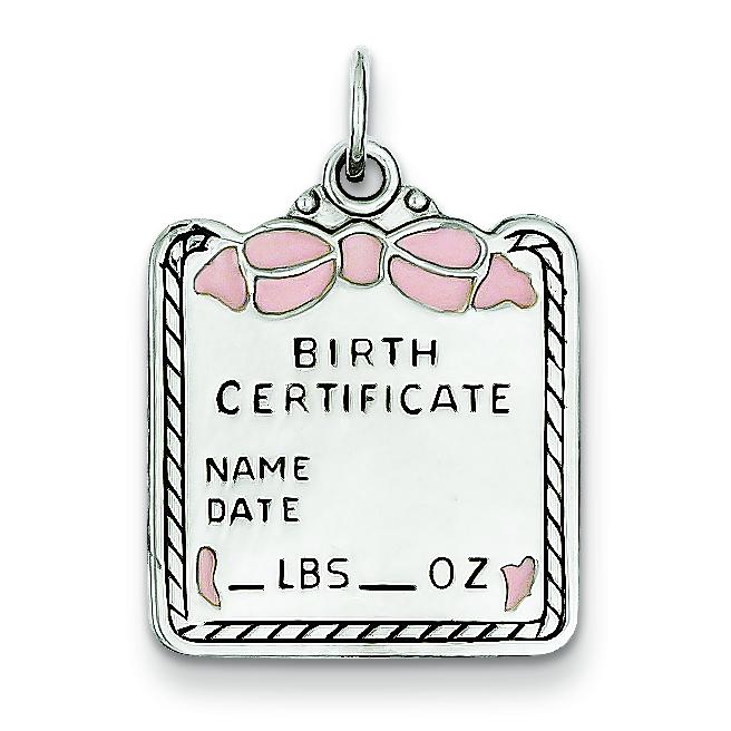 Sterling Silver Pink Enamel Birth Certificate Charm Jewerly 25mm x 17mm