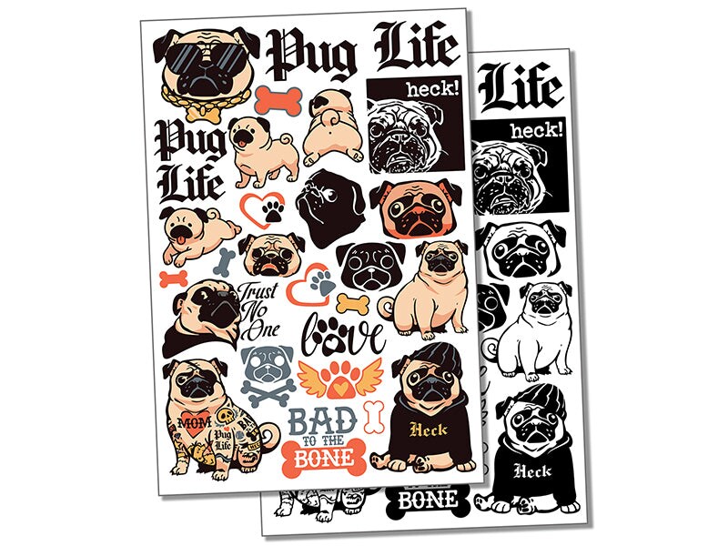 Pug Life Gangster Dog Temporary Tattoo Water Resistant Fake Body Art Set Collection