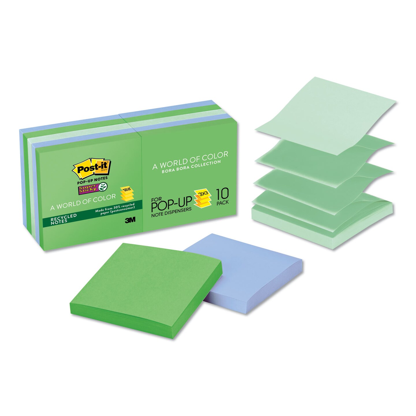 Recycled Pop-up Notes in Oasis Collection Colors, 3 x 3, 90 Sheets/Pad, 10 Pads/Pack