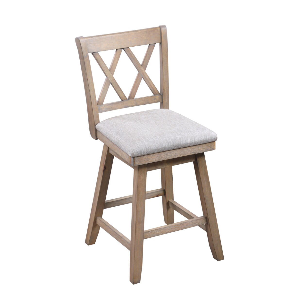 Saltoro Sherpi Jasmine 24&#x22; Handcrafted Rustic 360 Degree Swivel Counter Stool Chair, Distressed Oak Brown, Gray Seat Cushion- Saltoro