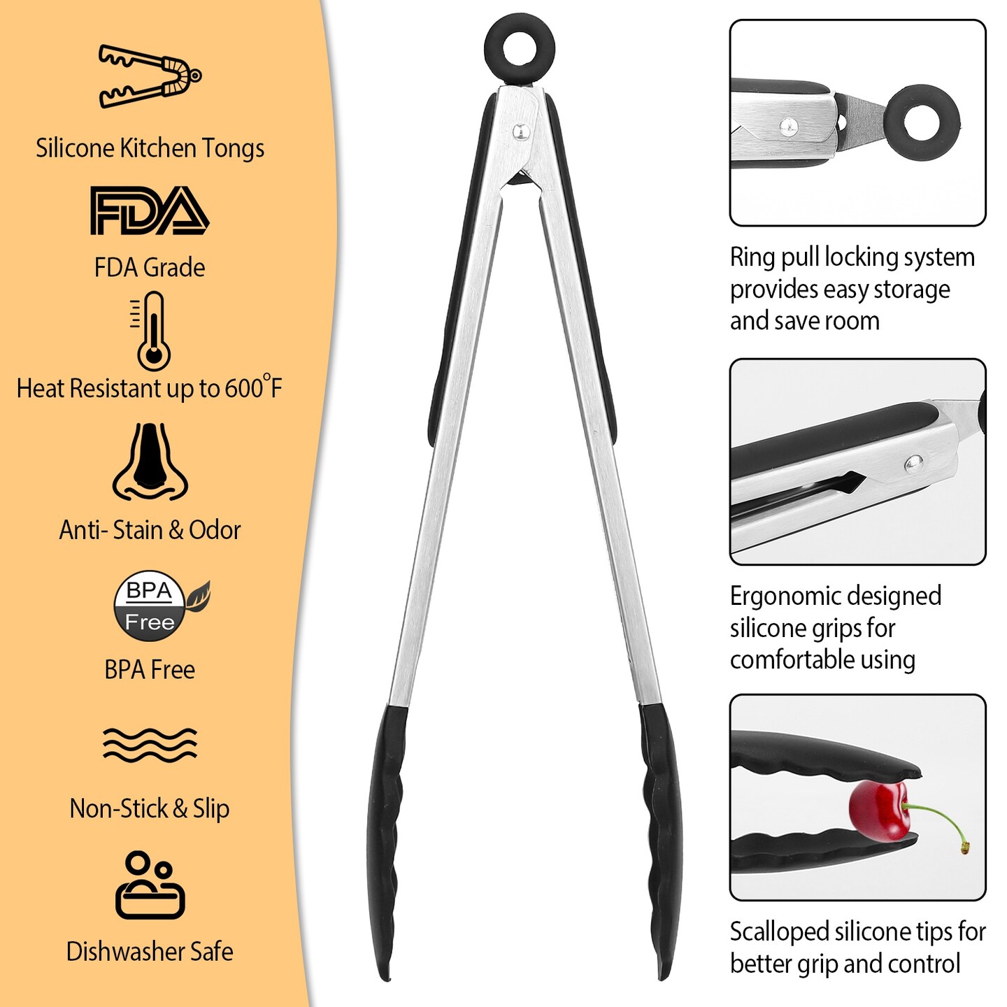 Eggracks 3Pcs Kitchen Tongs Stainless Steel Locking Food Tongs with Silicon Tips