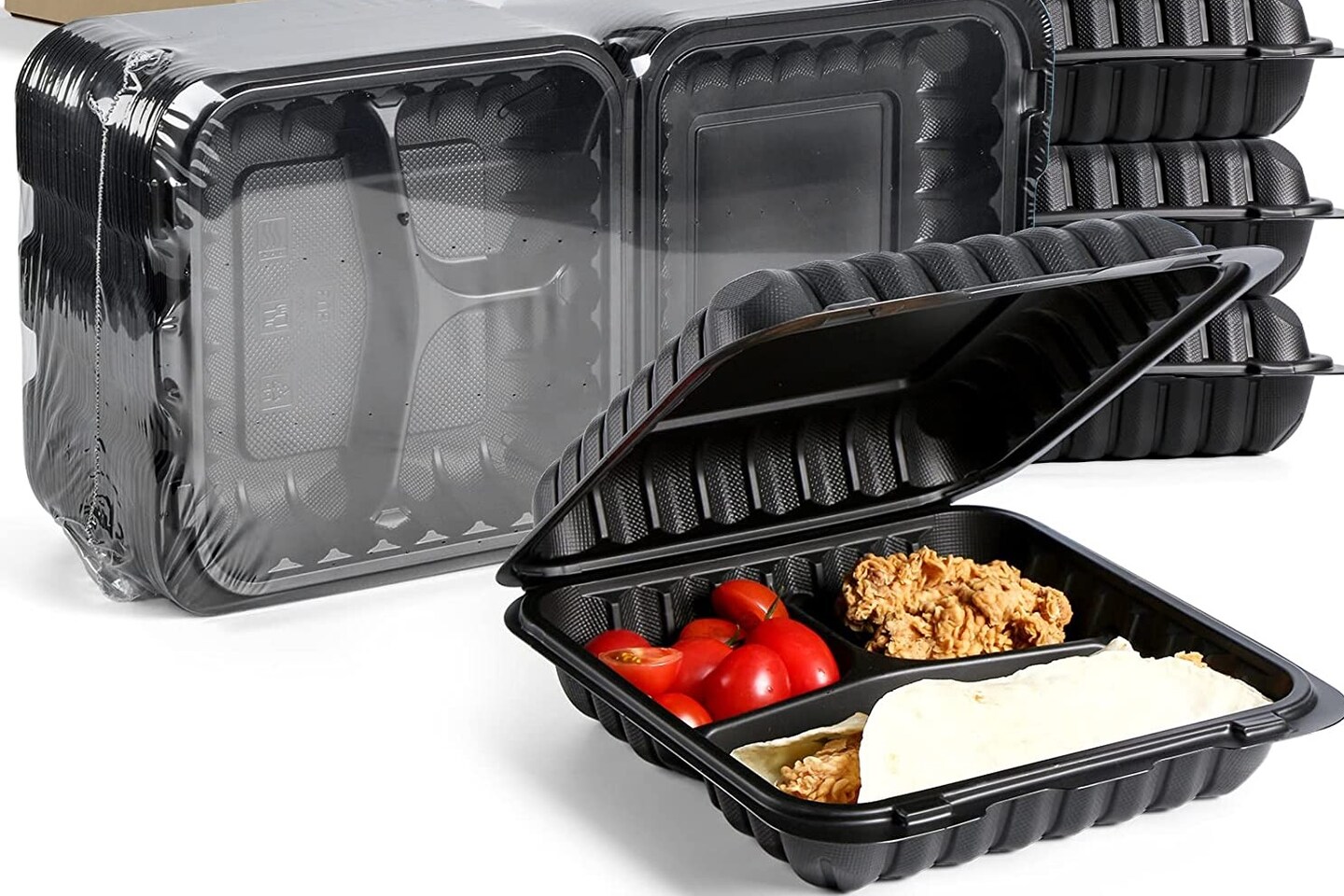 Northlight 150-Count 3-Compartment Hinged Black Meal Prep/Take Out Containers - 9&#x22;