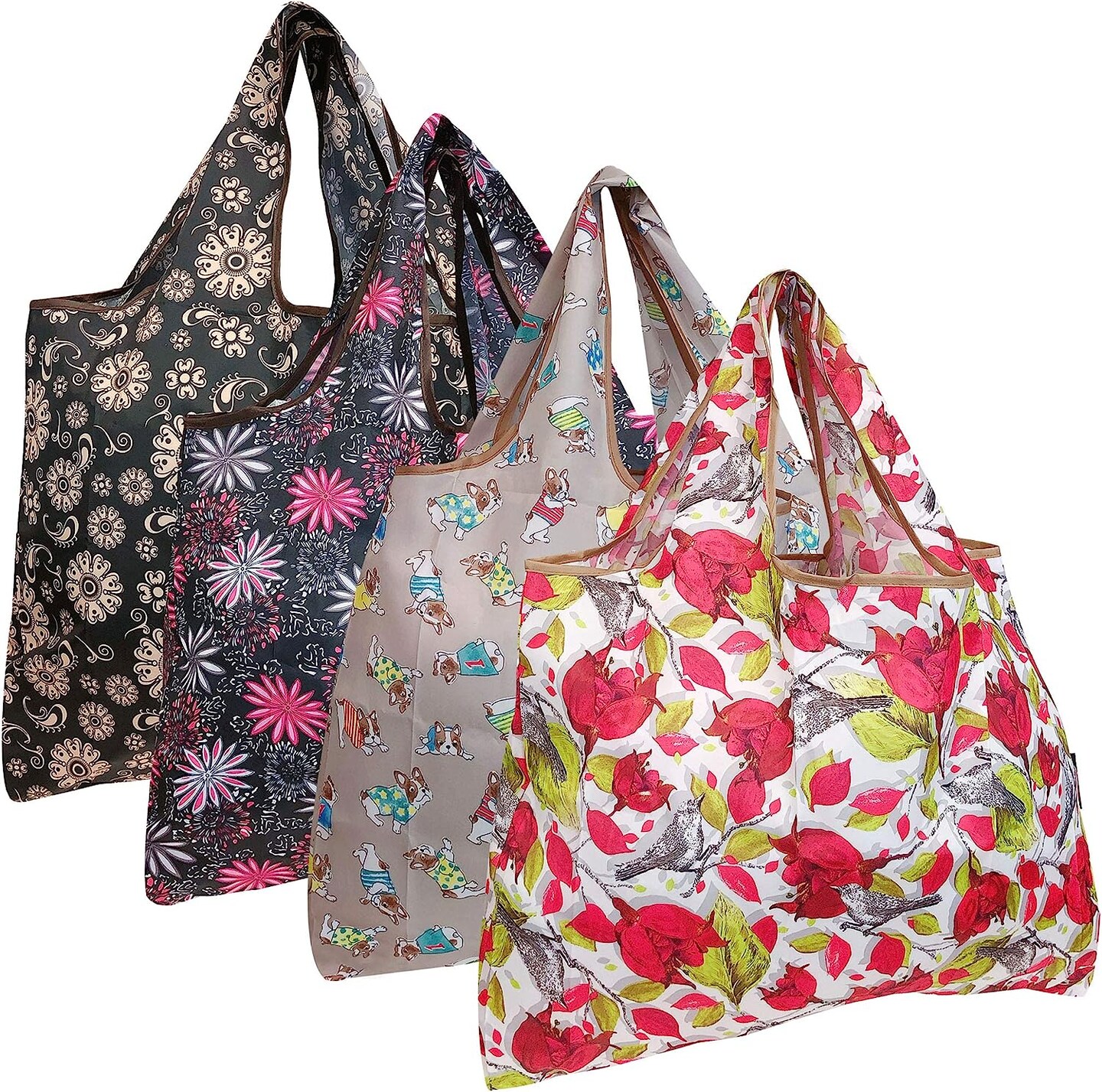 Wrapables Large Foldable Tote Nylon Reusable Grocery Bags, 4 Pack