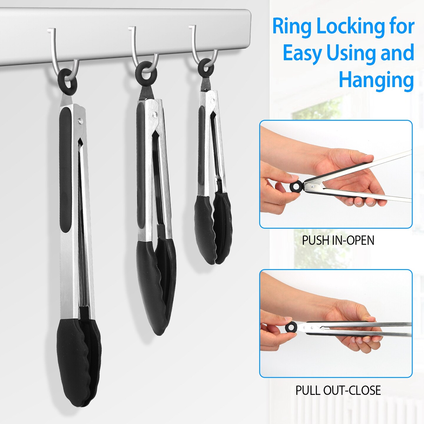 Eggracks 3Pcs Kitchen Tongs Stainless Steel Locking Food Tongs with Silicon Tips