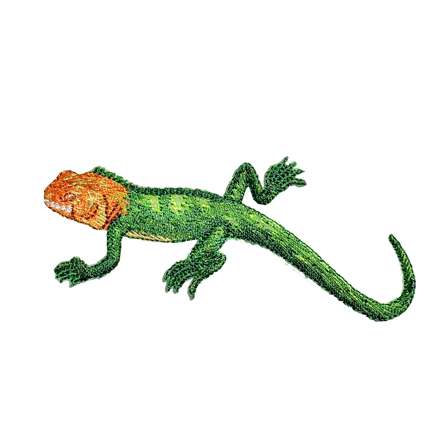 Red-Headed Agama, Green Shimmery Lizard, Facing Left, Embroidered, Iron on Patch