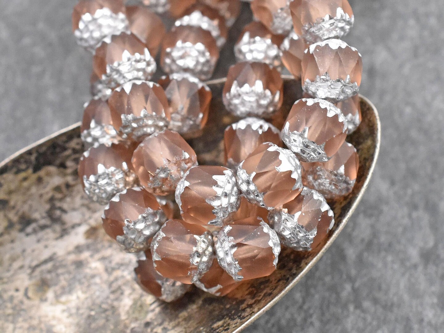 *15* 8mm Silver Washed Matte Peach Fire Polished Cathedral Beads