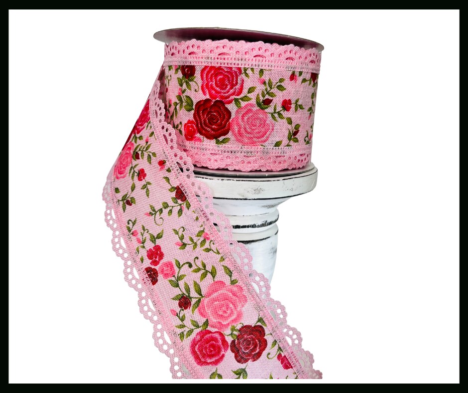 2.5&#x22;x10YD Mini Roses Pink Wired Ribbon - Delicate Floral Elegance for Your Crafts-RGA859215
