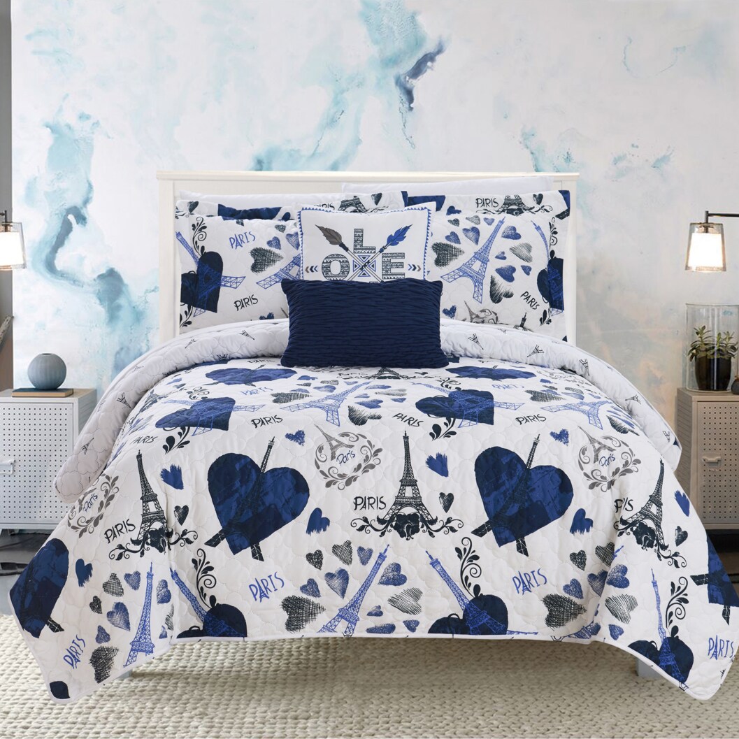 Chic Home Alphonse 5 or 4 Piece Reversible Quilt Set &#x22;Paris Is Love&#x22; Inspired Printed Design Coverlet Bedding