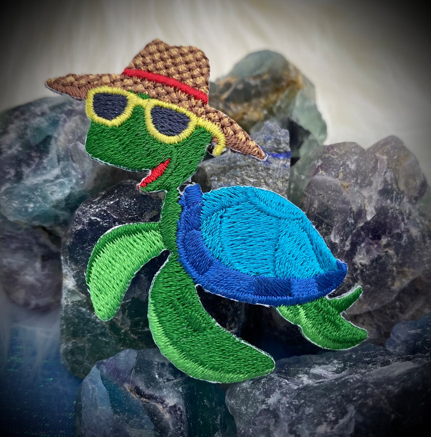 Sea Turtle, Wearing a Straw Hat, Embroidered, Iron on Patch