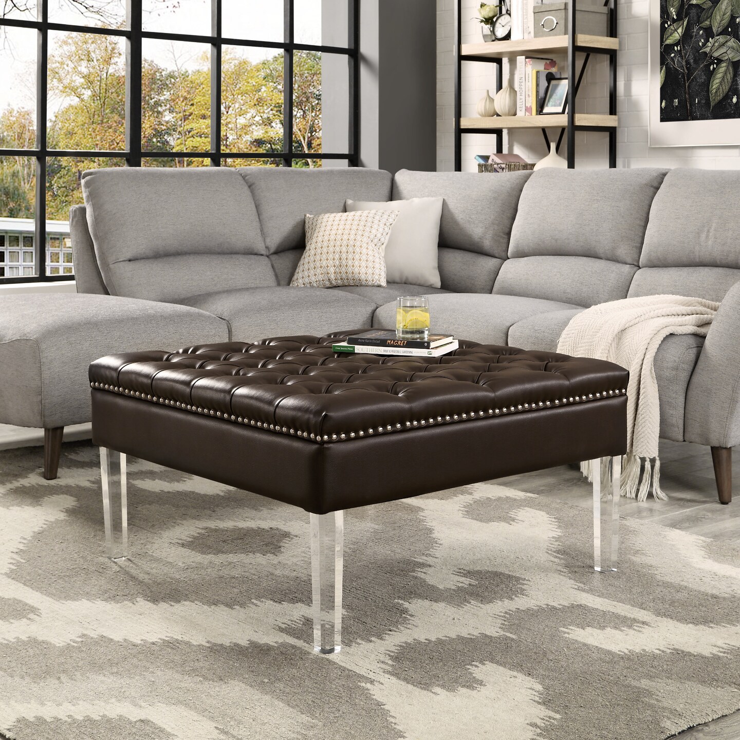 Inspired Home Claretta PU Leather Acrylic Ottoman-Cocktail Coffee Table-Square Tufted-Modern and Functional by