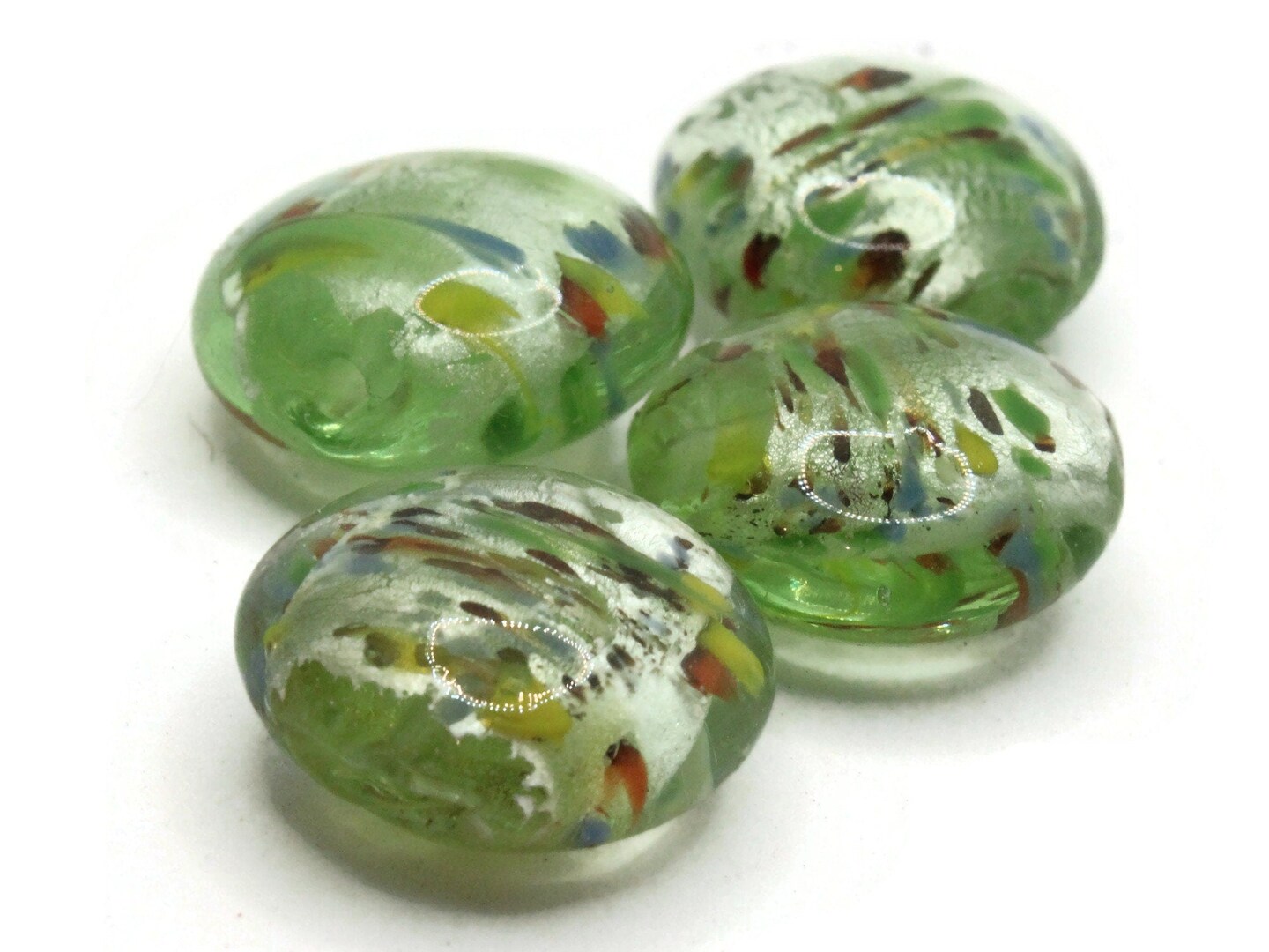 4 21mm Green Speckled Coin Flat Round Lampwork Glass Beads