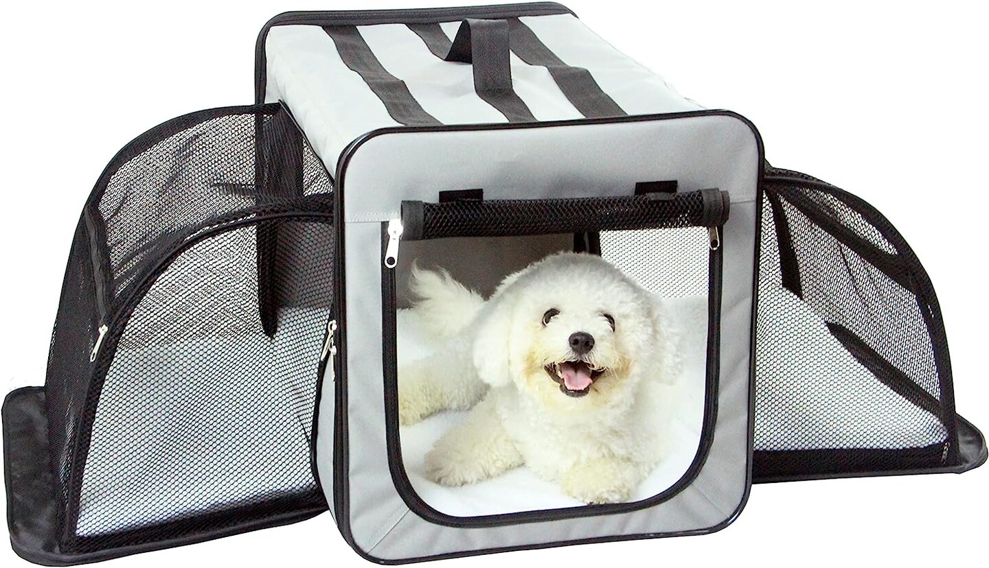 Pet Life Capacious Dual-Expandable Wire Folding Lightweight Collapsible Travel Dog Crate Grey-XS