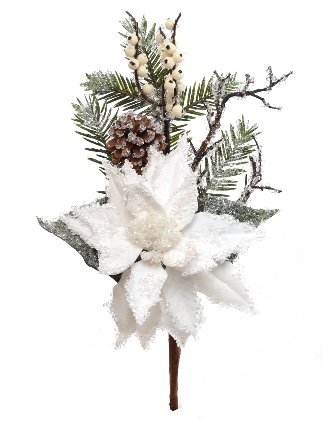 Set of 12: Iced White Poinsettia Pine Pick with Lifelike Twigs, Berries, &#x26; Pine Cones | 16&#x22; Long | Winter Accents | Seasonal Decor | Decorative Picks | Home &#x26; Office Decor