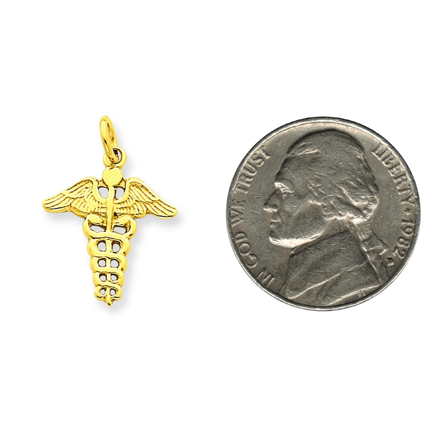 14K Yellow Gold Caduceus Symbol Charm Medical Jewelry 20mm x 14mm
