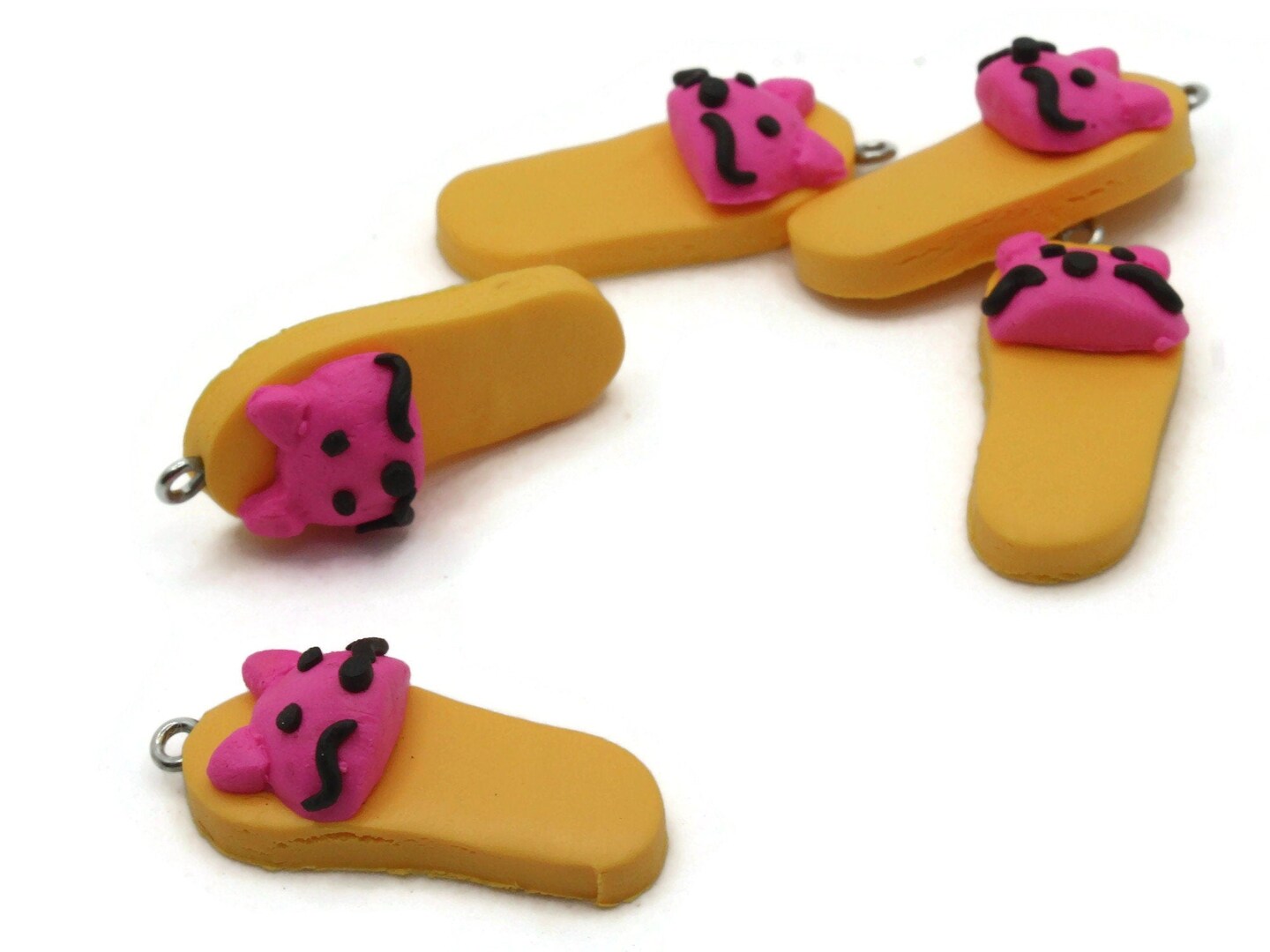 5 34mm Yellow and Pink Kitty Cat Polymer Clay Miniature Slipper Charms