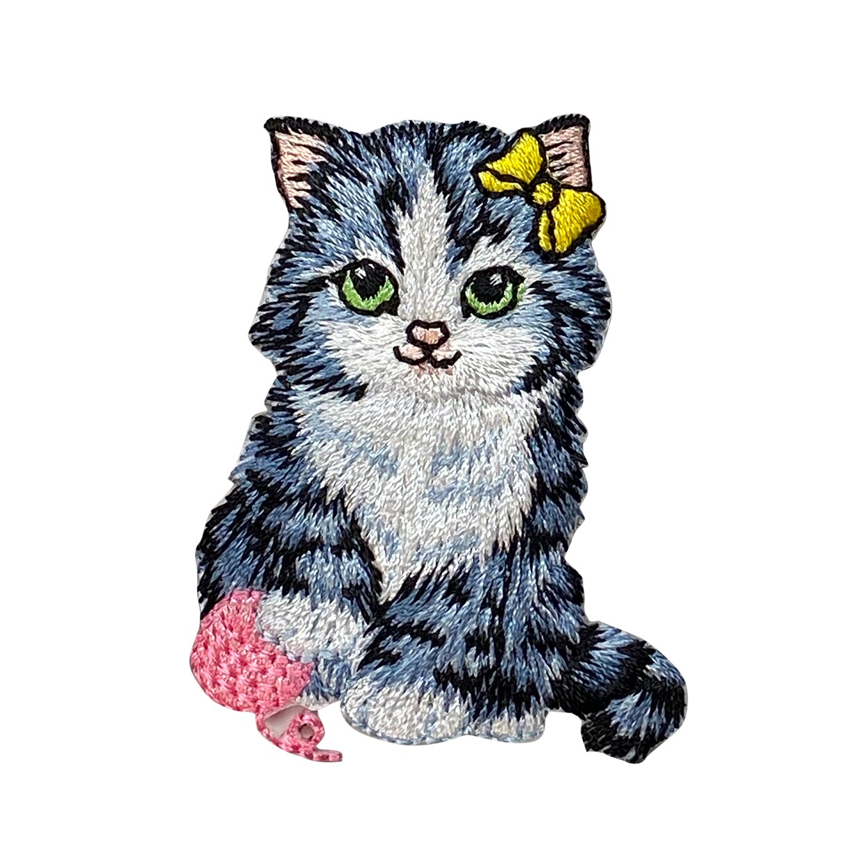Cat with Yellow Bow, Pink Yarn Ball, Embroidered, Iron on Patch