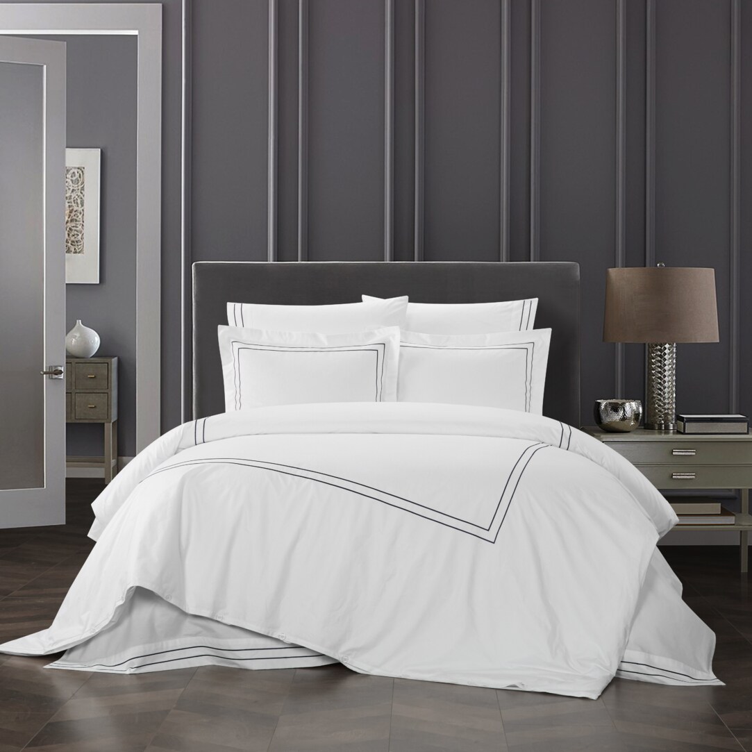 Chic Home Alfrey 3 Piece Organic Cotton Duvet Cover Set Solid White With Dual Stripe Embroidered Border Hotel Collection Bedding