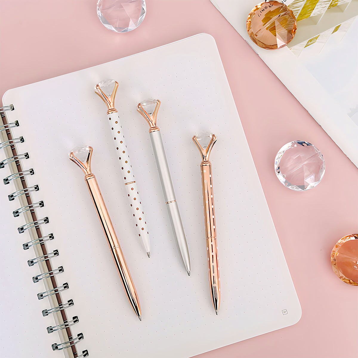 Wrapables Crystal Diamond Ballpoint Pens, 1.0mm Medium Point Wedding Pens with Refills (Set of 8 Pens + 8 Refills), Rose Gold, Dots, Silver