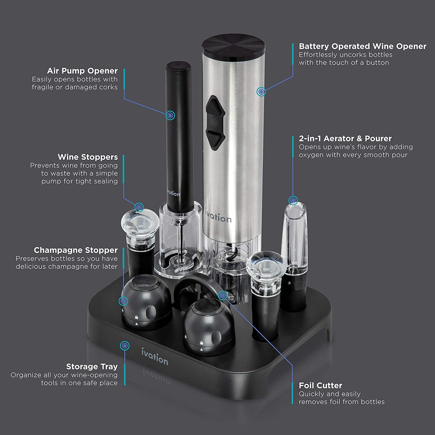 Ivation Electric Wine Opener, 9-Piece Wine Gift Set, Electric Bottle Opener, Wine Aerator Pourer