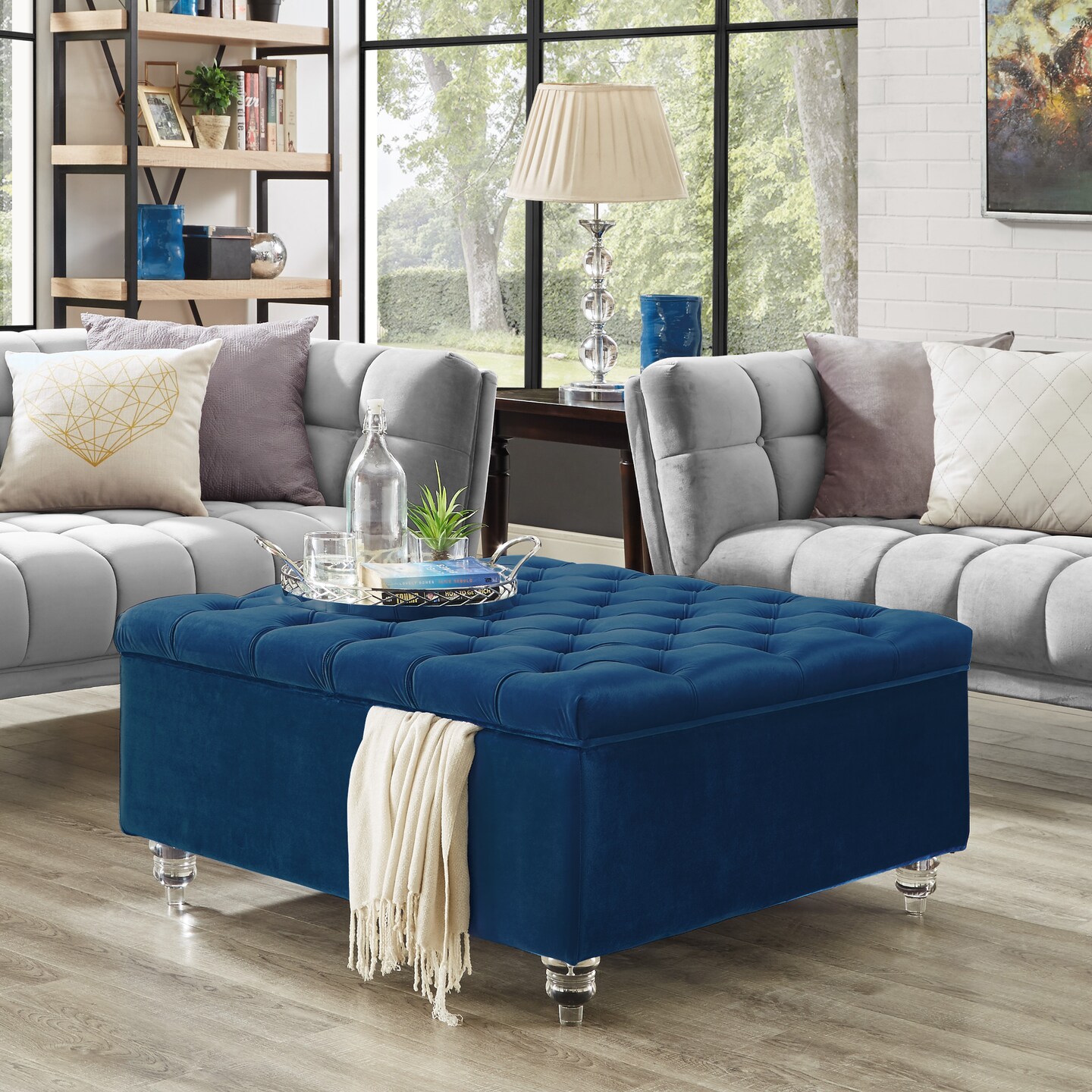 Inspired Home Claretta Velvet Cocktail Square Storage Ottoman