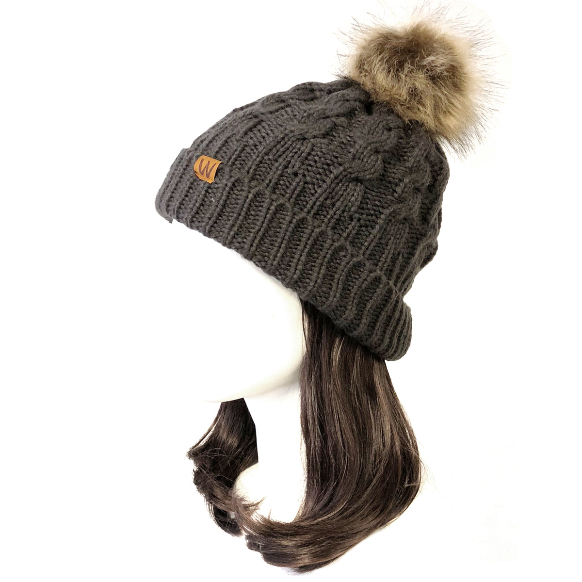 Convertible Faux Shearling Lined Faux Fur Pompom Convertible Beanie Belle Knit Mink Beanie Hat with Fox Fur Pom Pom in Black  main image 3