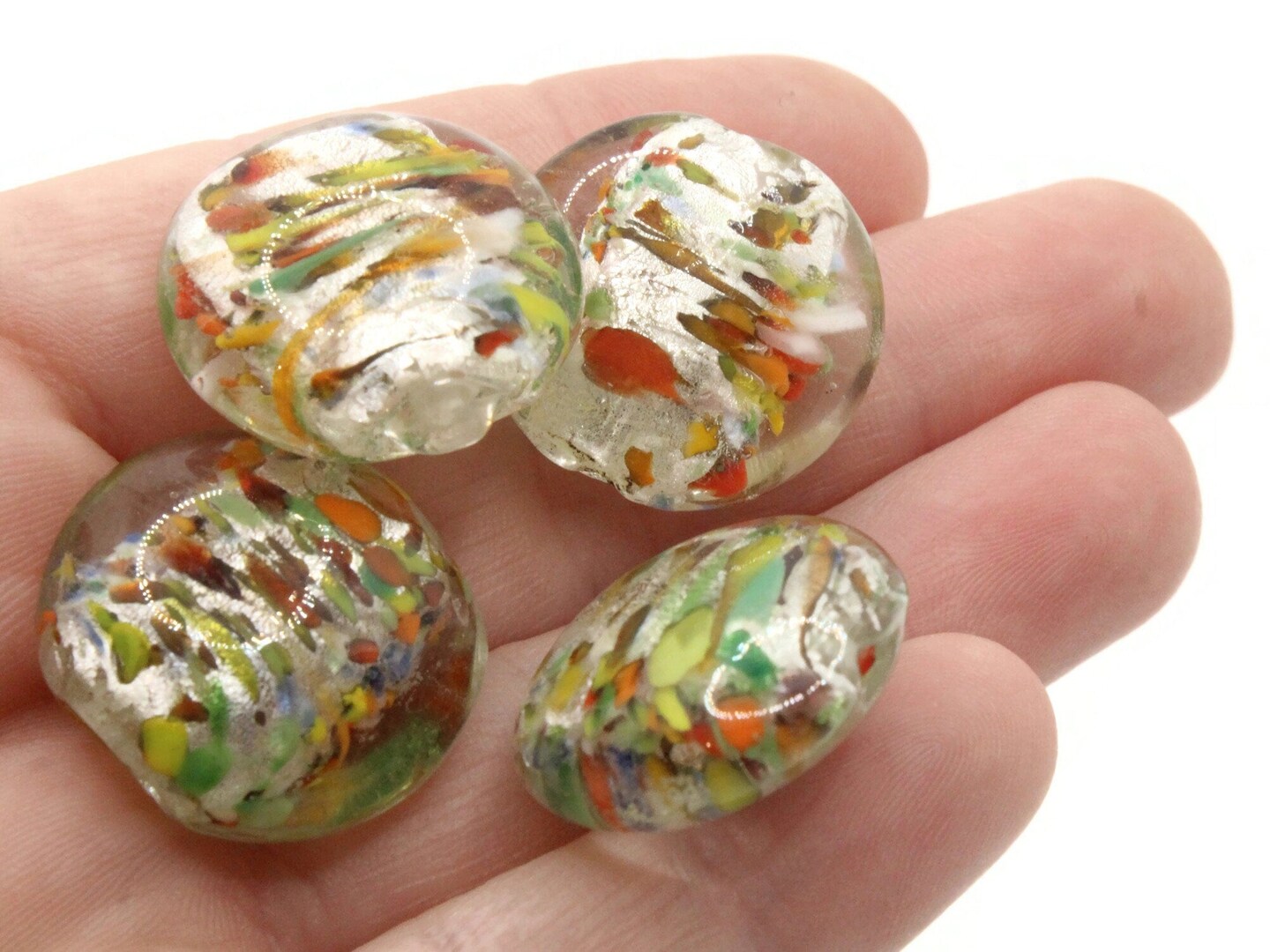 4 21mm Clear Speckled Coin Flat Round Lampwork Glass Beads