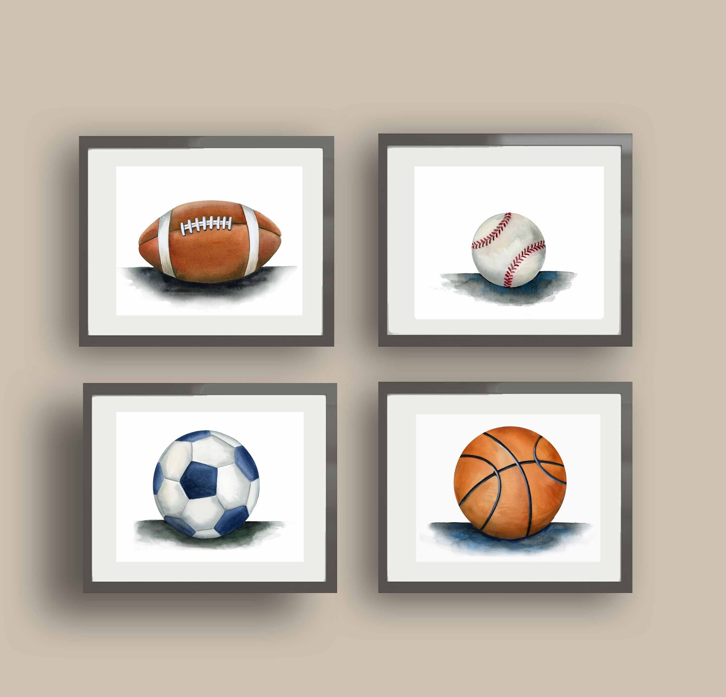 product name is Watercolor Sports Art Prints for Boy Room or Nursery, Baseball Football Basketball Wall Décor, set of 4 prints