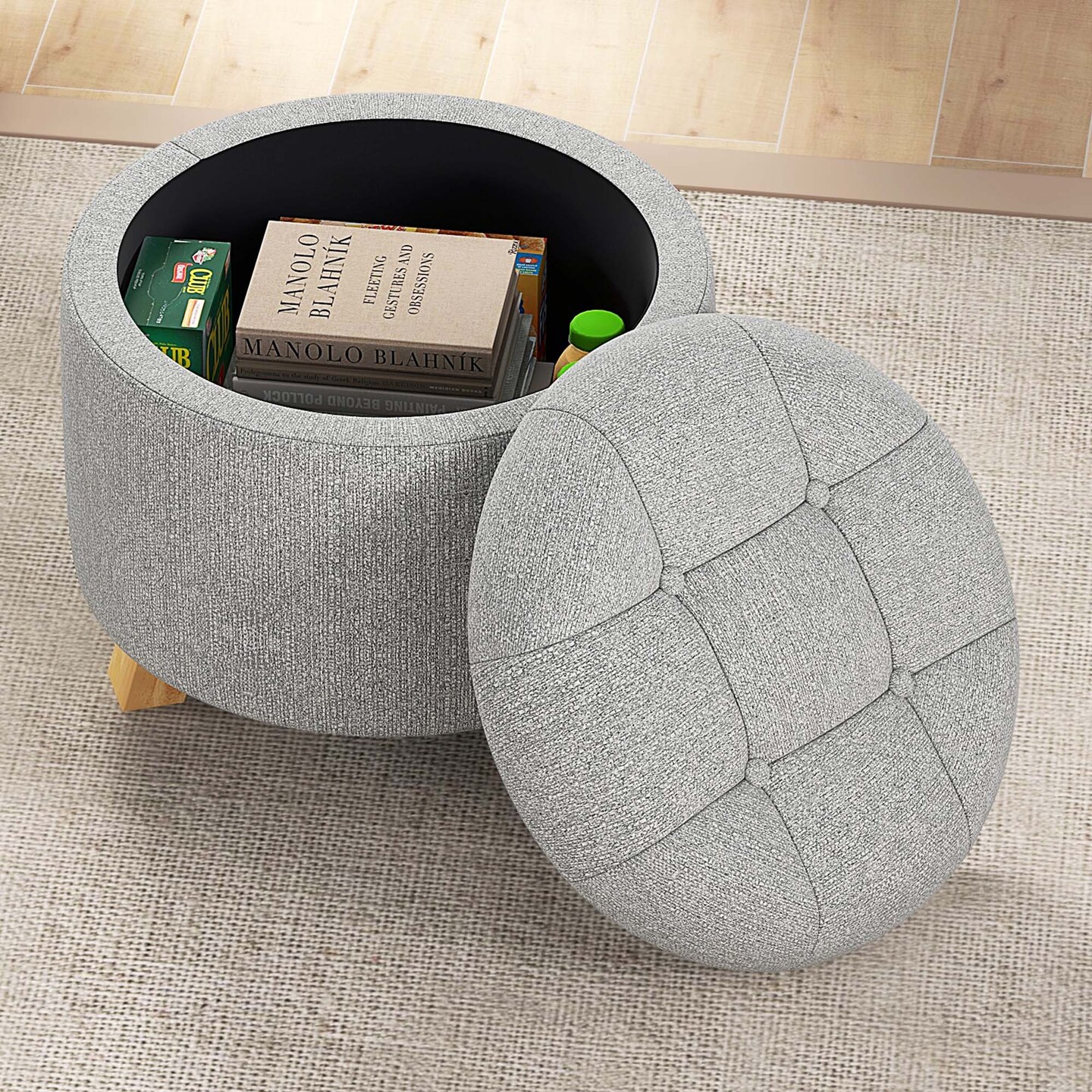 Costway Upholstered Round Ottoman Cushioned Storage Footstool with Solid Rubber Feet Grey