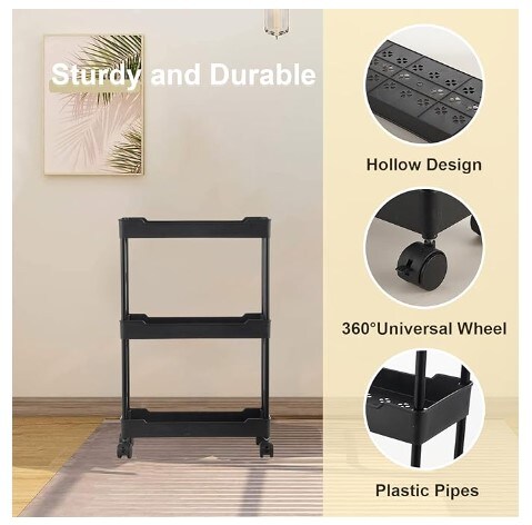 3 Tier Slim Rolling Storage Cart Laundry Room Rolling Cart for Between Washer and Dryer Mobile Shelf Unit
