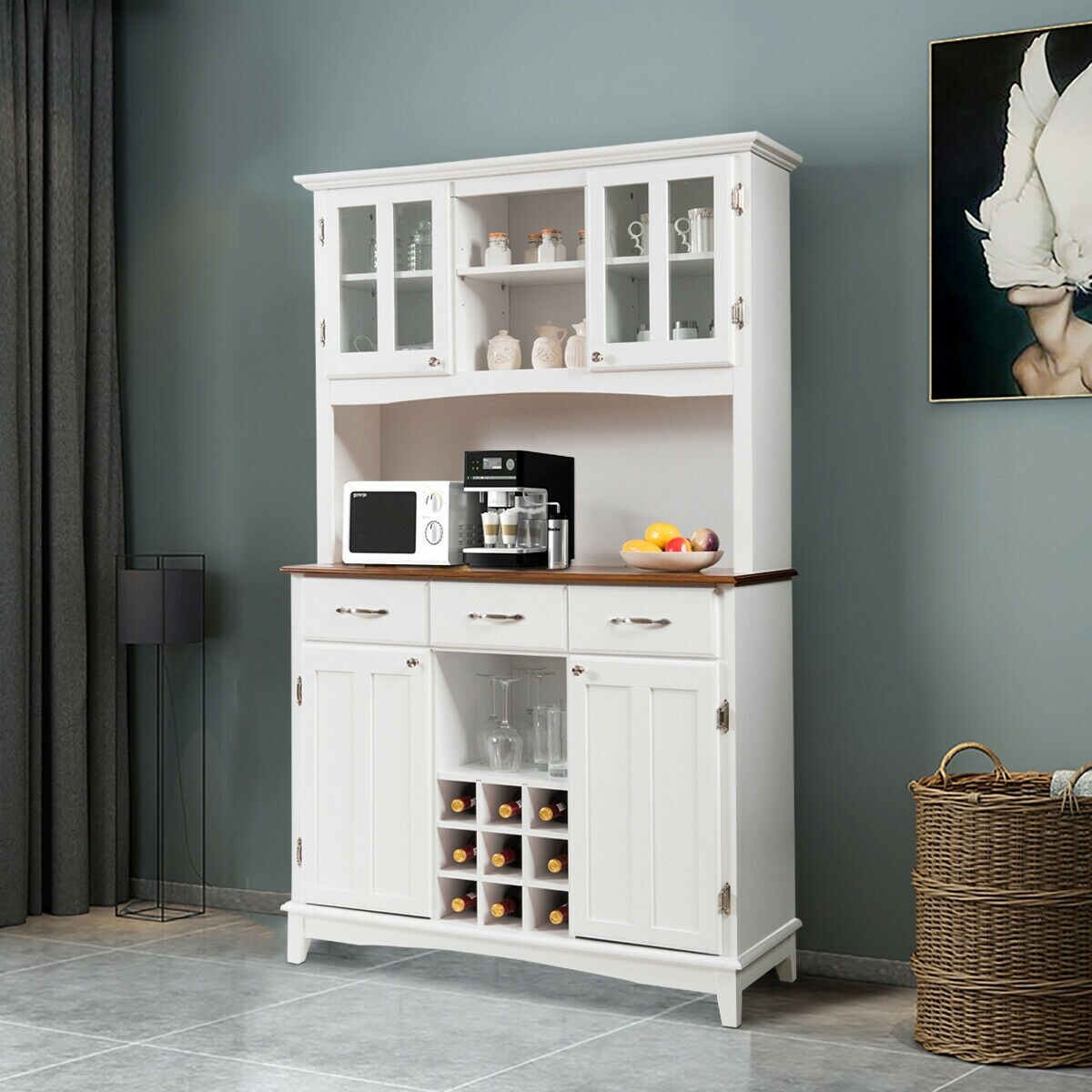 4 Door Buffet Hutch with Adjustable Shelves Drawers and Wine Storage White