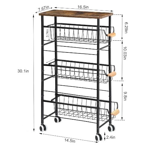 4 Tier Kitchen Rolling Utility Cart Narrow Storage Shelf with Wooden Tabletop, Wooden Handle, and Wheels for Bathroom Laundry Kitchen Narrow Spaces.
