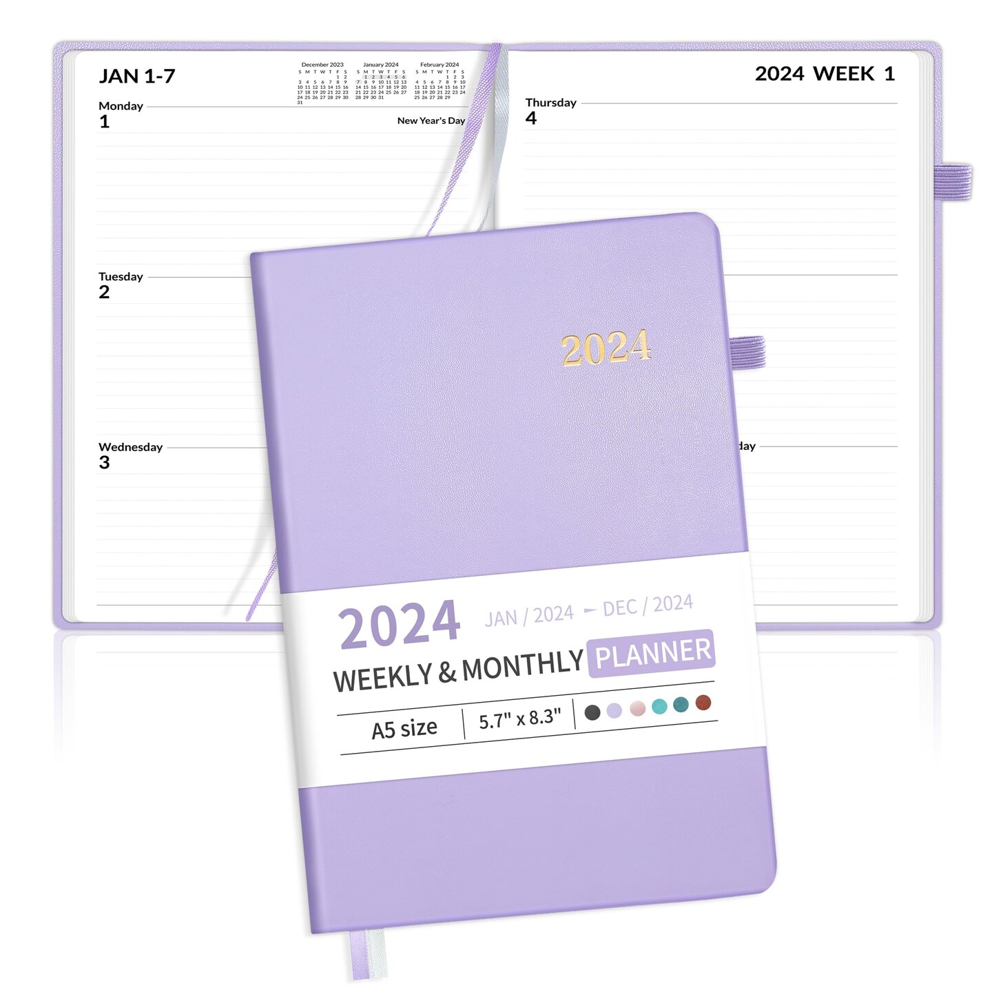 SUNEE 2024 Weekly &#x26; Monthly Hardcover Planner 5.5&#x22; x 8.3&#x22; - 12 Month (January 2024 - December 2024), Small Hardcover Planner, Pocket, Notes, 100 GSM Paper, Monthly Sticker, Purple