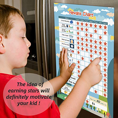 Bahavior Chart for Kid at Home, Reward Chart for Kids Behavior. Each Set Includes 30 tasks, 104 Stars, and one 11&#x201C; x 14.5&#x22; Magnetic Chart- Blue