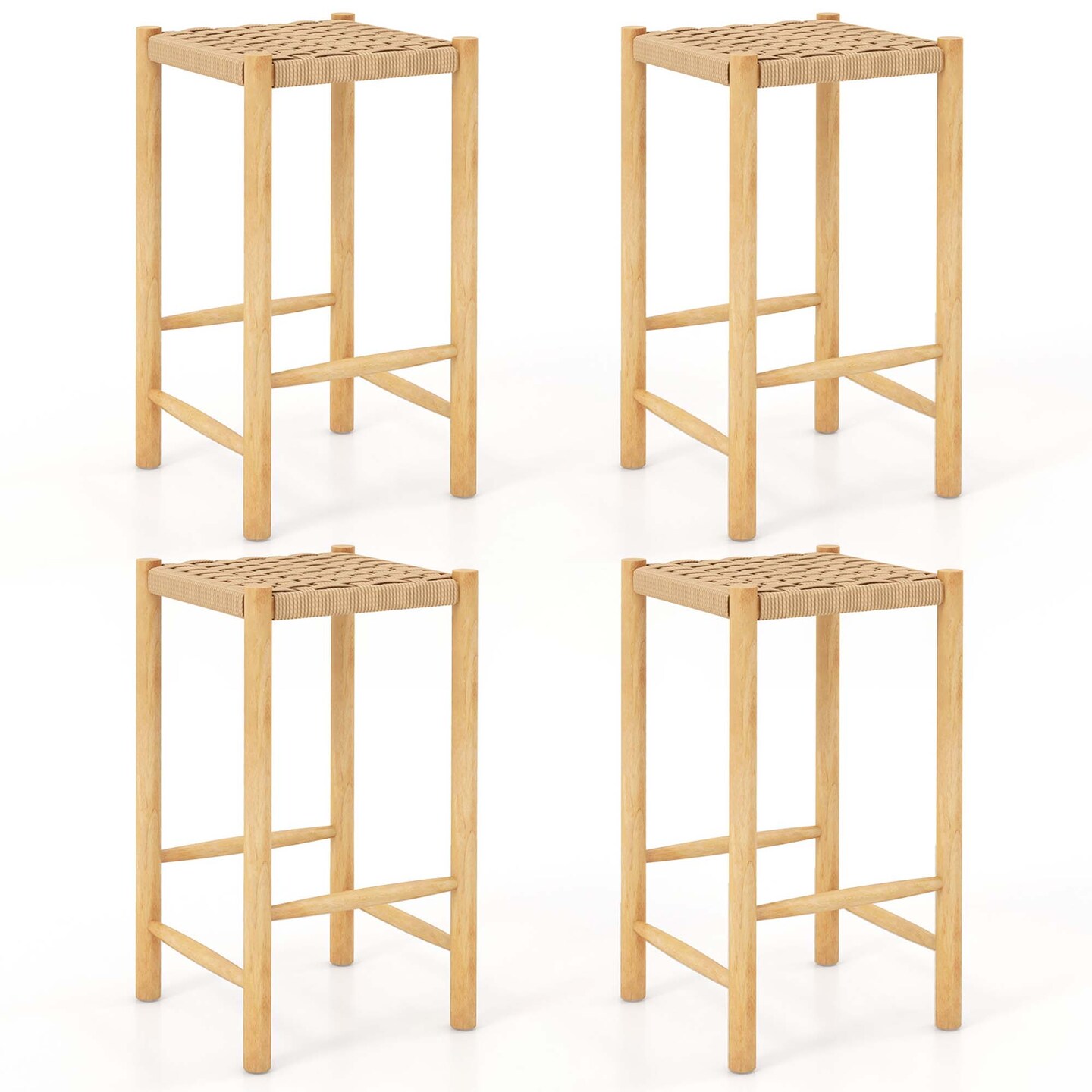 Costway 26&#x27;&#x27; Dining Bar Stool Set of 2/4 Counter Height with Rubber Wood Woven Saddle Seat