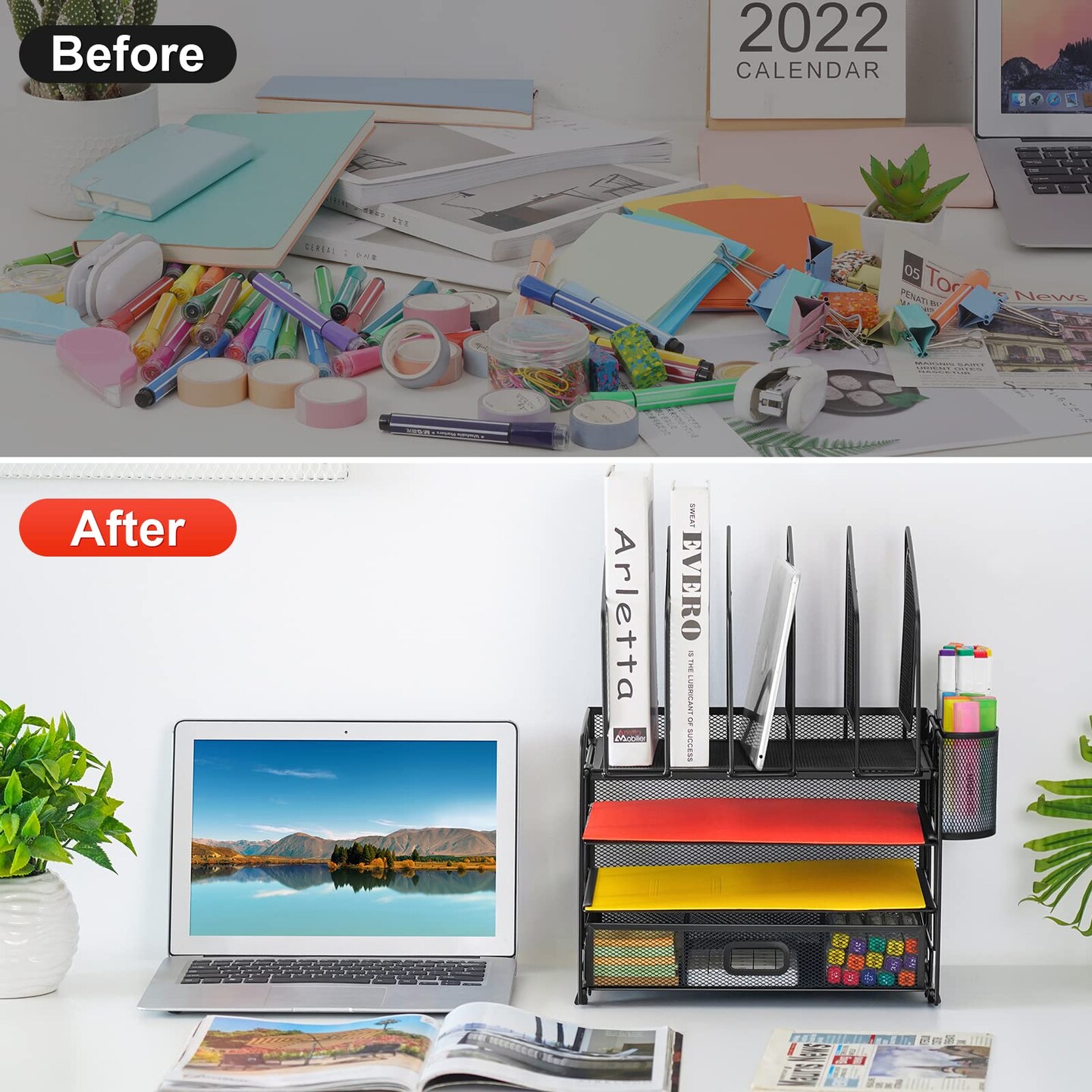 Marbrasse Desk Organizer with Drawer, 4-Tier Mesh Desk File Organizer with 5 Vertical File Holders and 2 Pen Holders, Multifunction Desktop Organizer