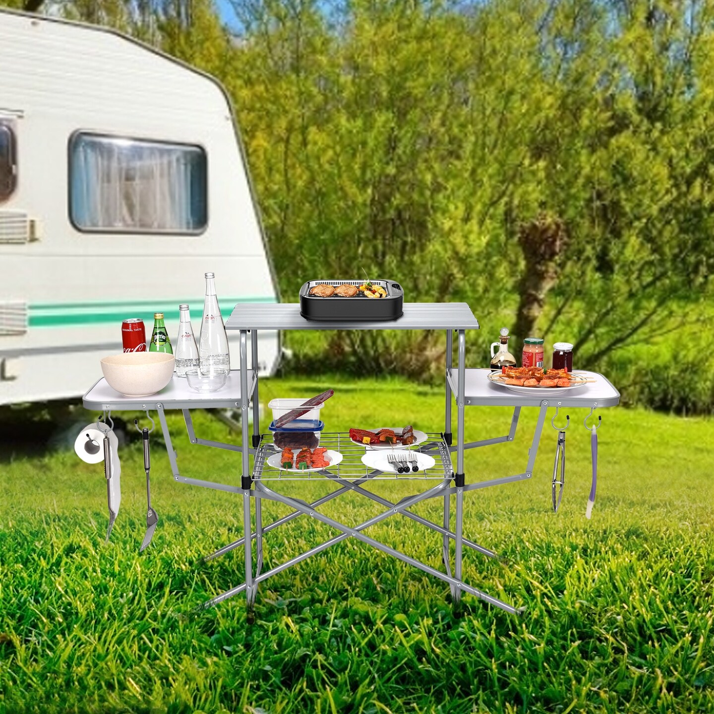 Fold-able Outdoor BBQ Table Grilling Stand with Steel Frame and Paper Towel Holder