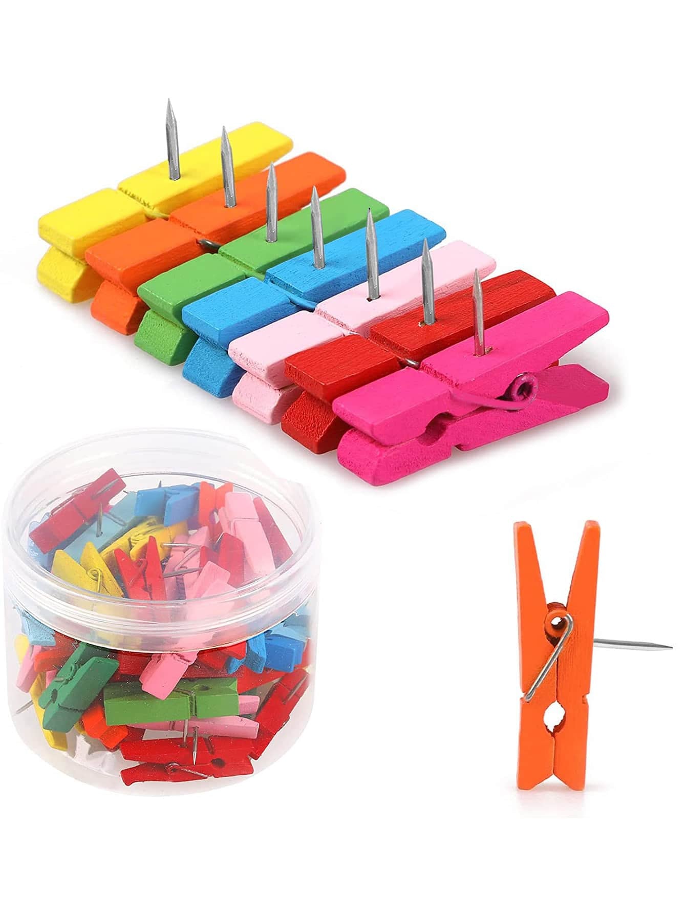 30Pcs/Set Colorful Wooden Clips & Push Pins for School Office, Multi