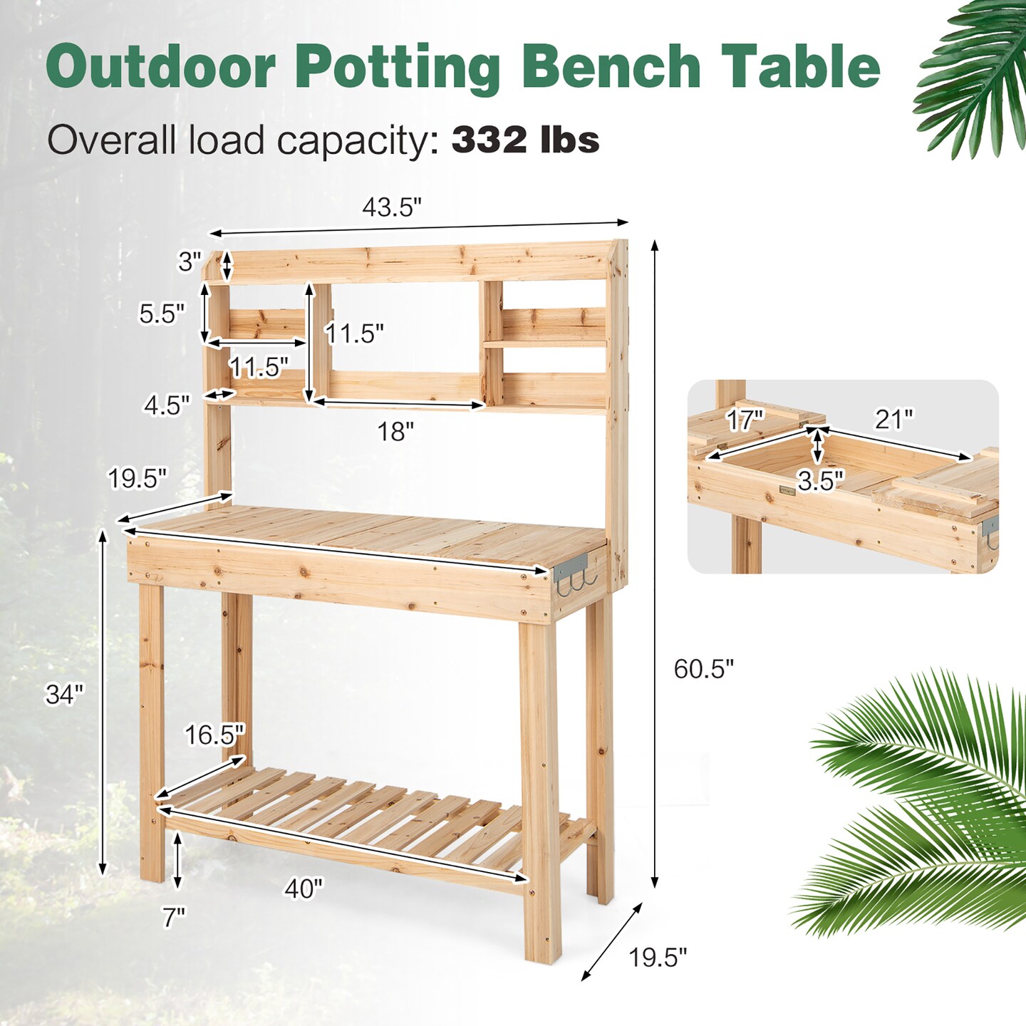 Costway Potting Bench Table Wooden Garden Work Bench Platform with Display Rack Hidden Sink