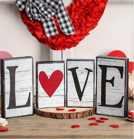 Valentine's Day Decor 4 Pieces Reversible St. Patrick's Day Wood Signs Tiered Tray Mantle Shelf Decor for Valentine Farmhouse Heart Shamrock Wood Blocks