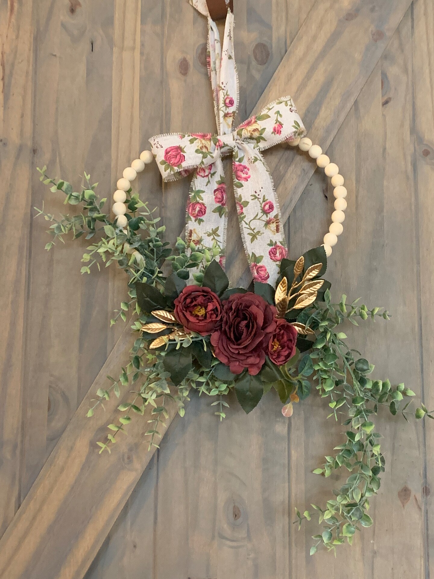 Small Shabby Chic Valentine Heart Wreath Wood Bead Heart Maroon