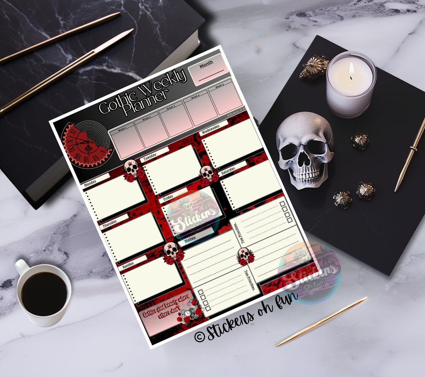 Daily Weekly Planner: Gothic Skull Red and Black Planner for Daily and ...