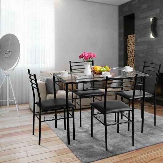 5 pcs Dining Glass Top Table &#x26; 4 Upholstered Chairs