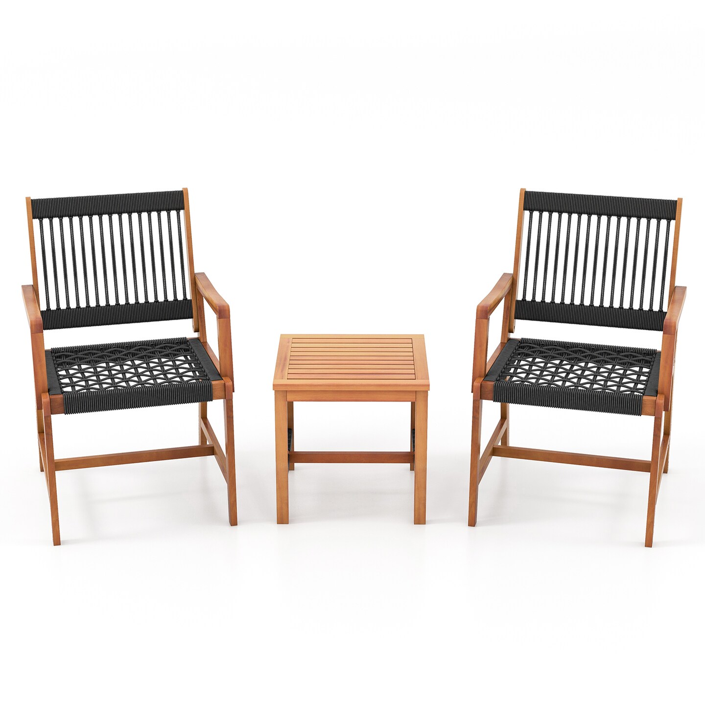 Patio Conversation Set 2 Chairs 1 Table Black Natural Acacia Wood Rope Design