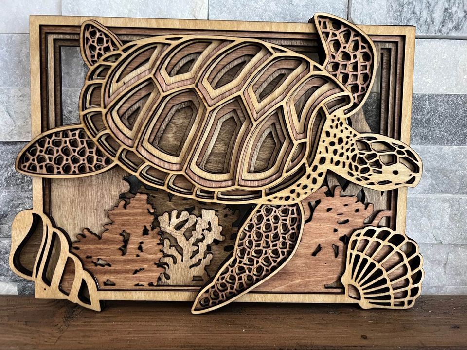 Handmade 6 layered Laser Cut 11 x 8 Inch Wooden Sea Turtle
