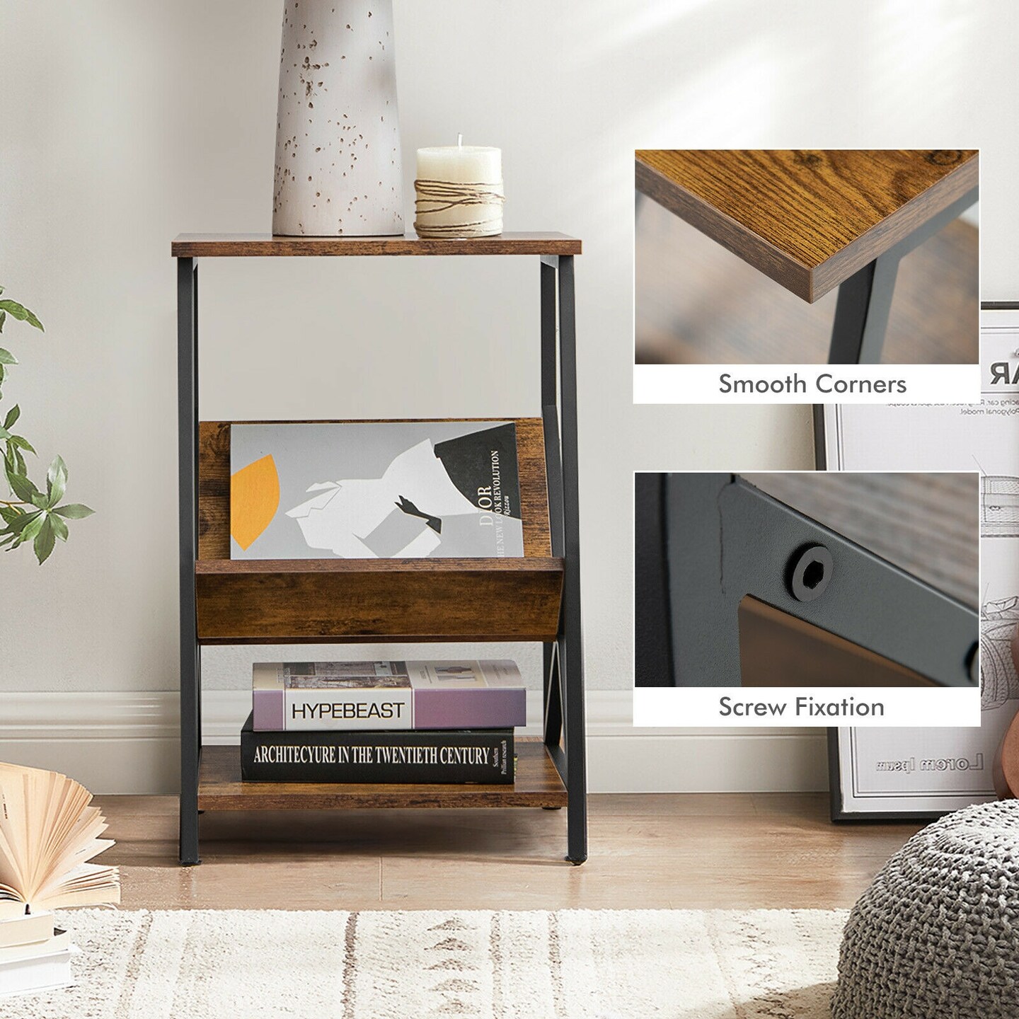3-Tier Side Table with V-shaped Bookshelf