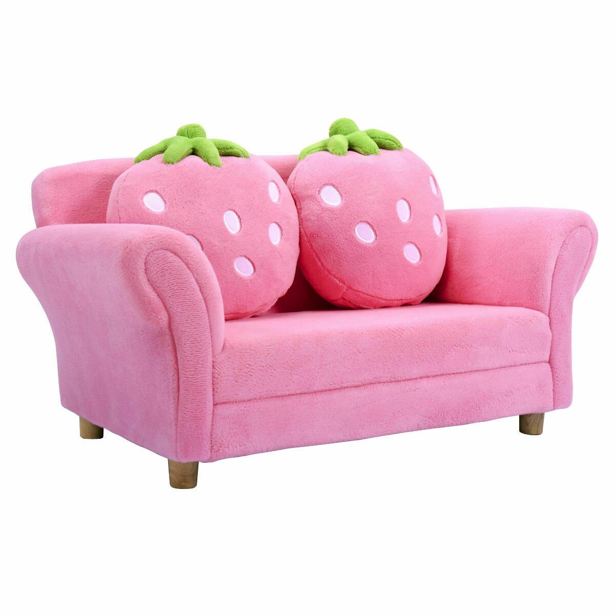 Pink Children Sofa with Soft Coral Fleece and Cute Strawberry Cushions