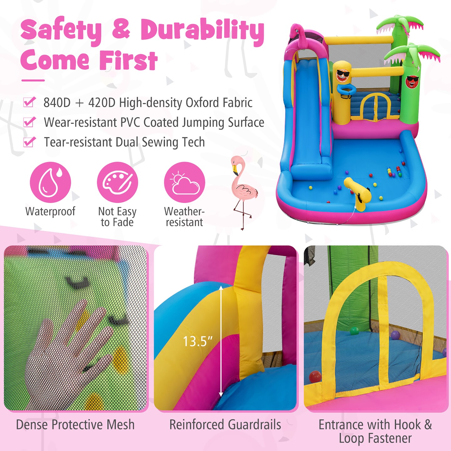 Costway Tropical Inflatable Bounce Castle for Backyard, Ocean Ball &#x26; 735W Blower Include