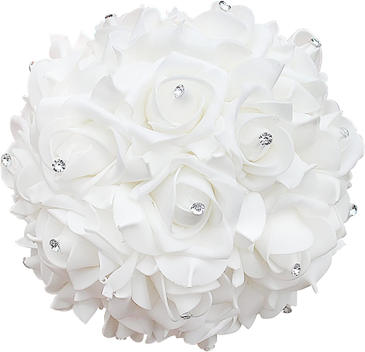 White Wedding Bouquet Foam Rose Toss Bouquet Bridal Bouquet Artificial Rose Flowers Diamond Satin Ribbon Handle Bouquets for Wedding Engagement Party